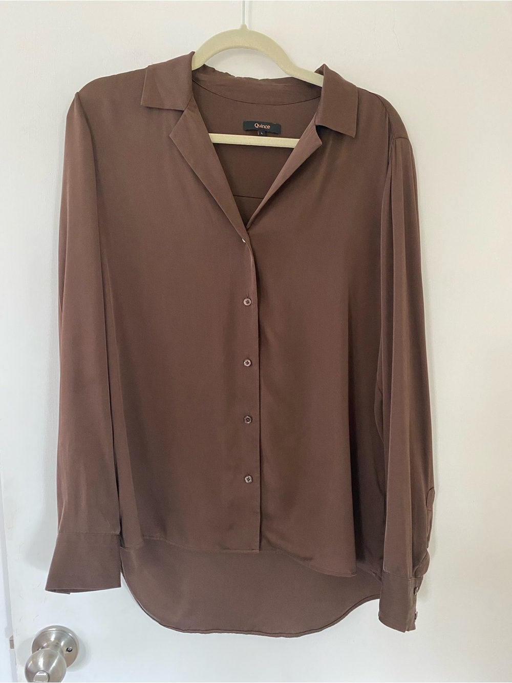 Quince Washable Silk Button Down Blouse Chocolate Brown Stretch Size Large